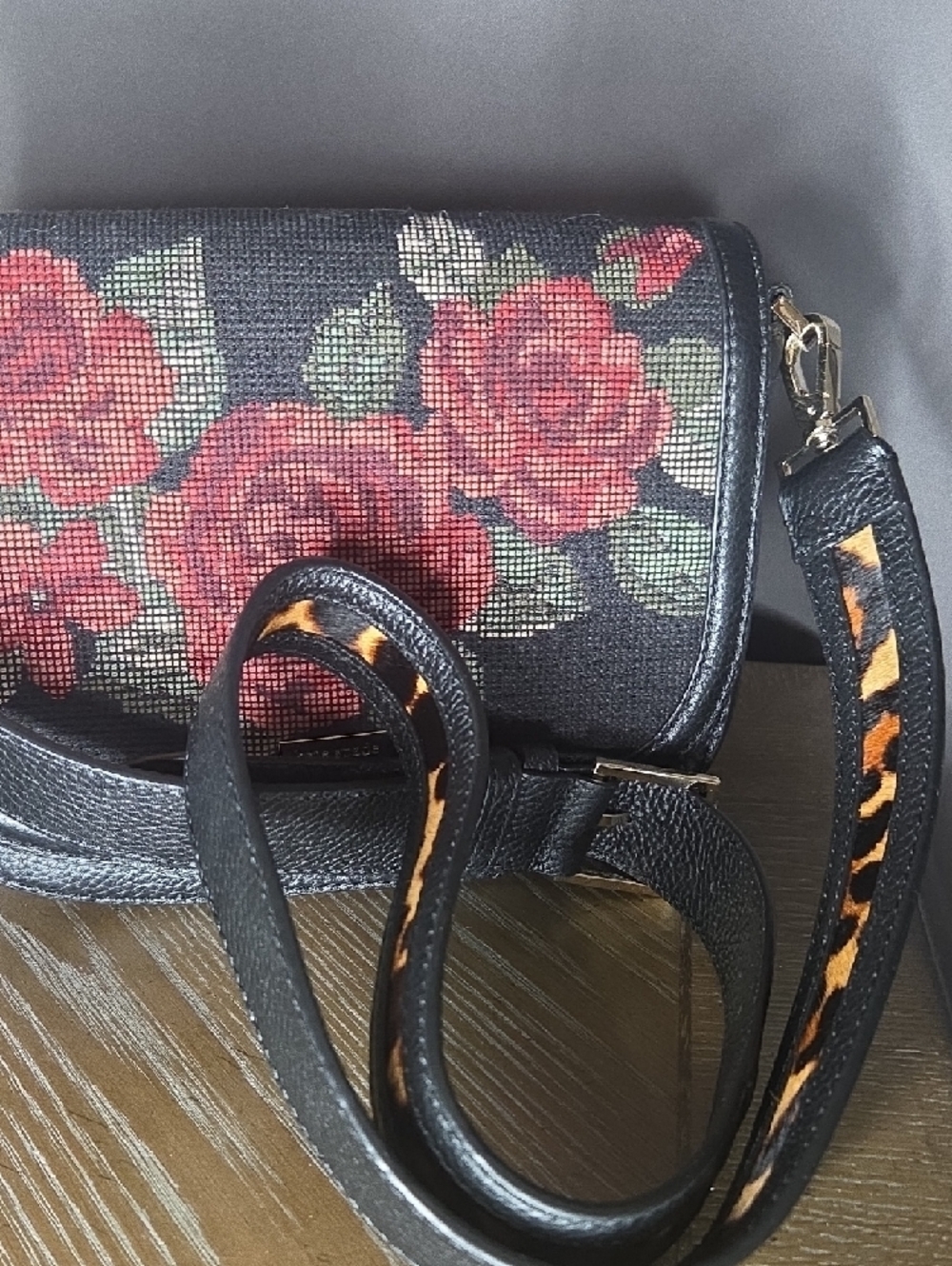 Kate Spade Black Crossbody Bag with Red Rose Needlepoint - Picture 9 of 11
